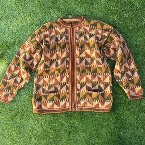 Vintage 100% Alpaca Geometric Pattern Zip Cardigan in Rust, Olive & Cream